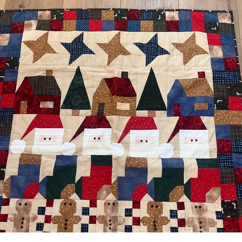 Handmade Christmas Patchwork Quilt Santa Gingerbread Wall Hanging Primitive